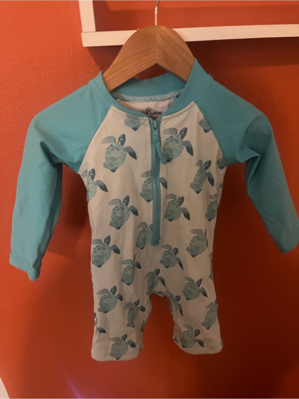 Kids Long-Sleeve Turtle Print Rash Guard Swimsuit Romper - Aqua/White